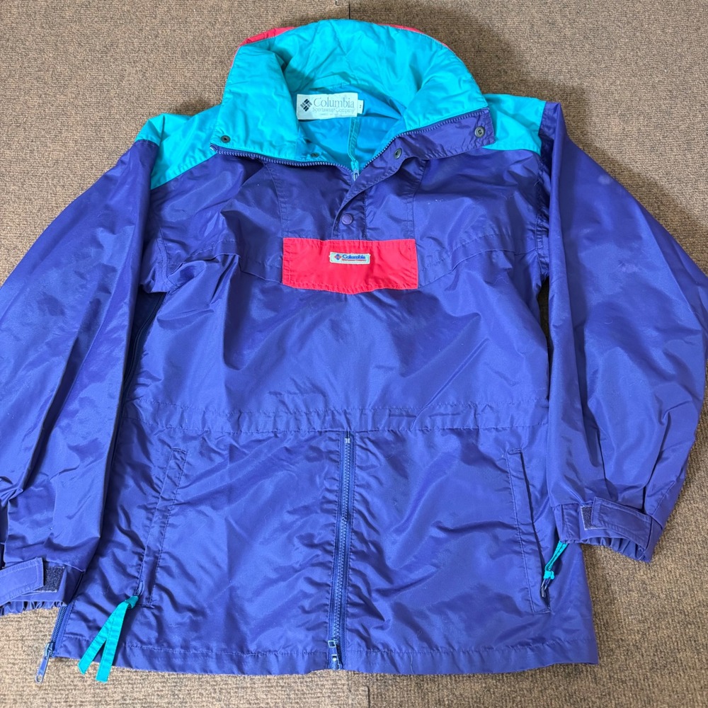 Columbia Vintage Colorblock Windbreaker Jacket Purple Teal Red Radial Sleeve M‎